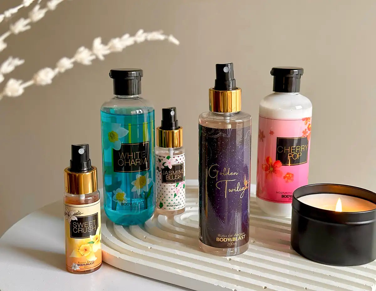 Body and skincare products: White Charm, Jasmine Blush, Cherry Pop, Sweet Crush, Golden Twilight