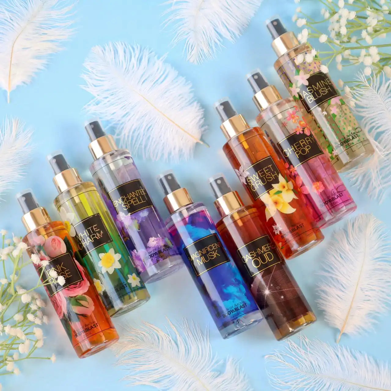 Collection of eight different scented body mists.